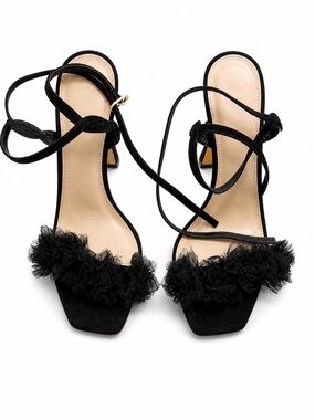 Jessica Simpson Black Ruffle Ankle-Tie Heels